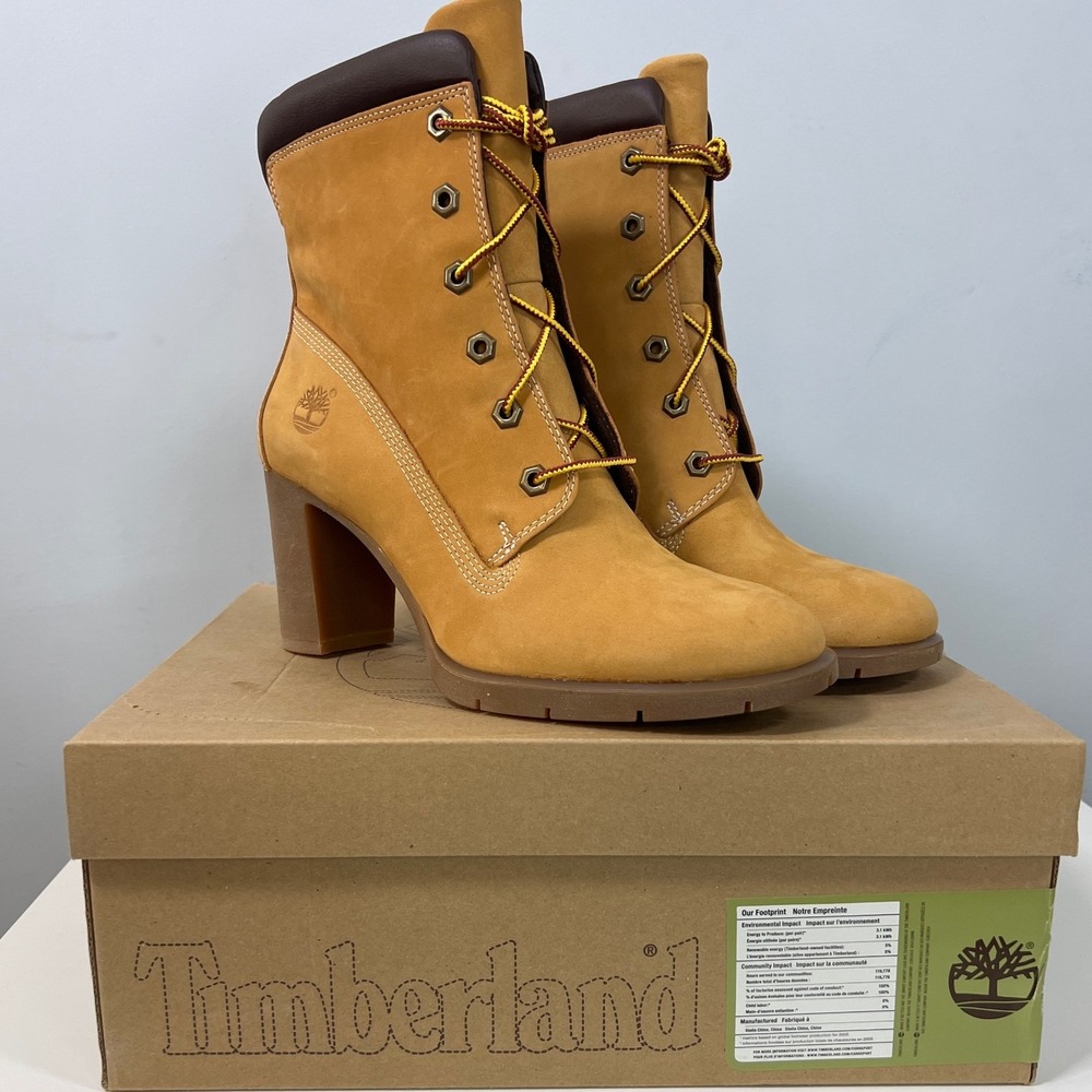 NEW Timberland Tillston High Heel Boots Wheat Tan Leather Womens 8.5 90s Grunge